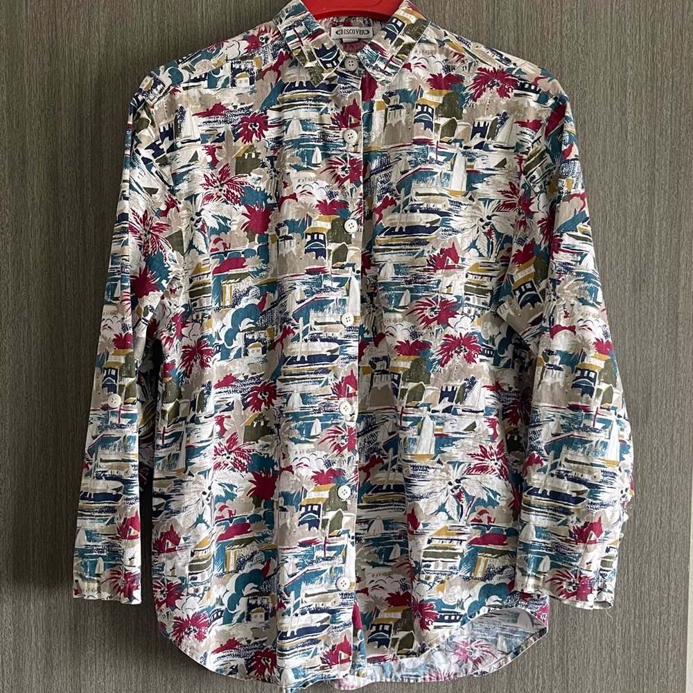 Vintage Discover Button Down Top - Cityscape & Adjustable Sleeves - Size Large